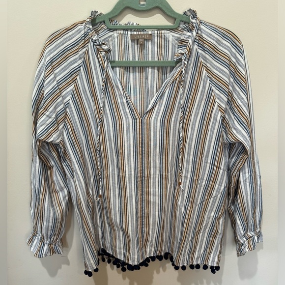 LILLA P Striped Bottom Tassel Cotton Peasant Top Sz S - Picture 1 of 6